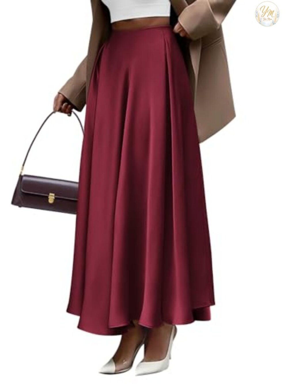 Satin Maxi Skirt High Waisted A-Line Pleated Hem Women's